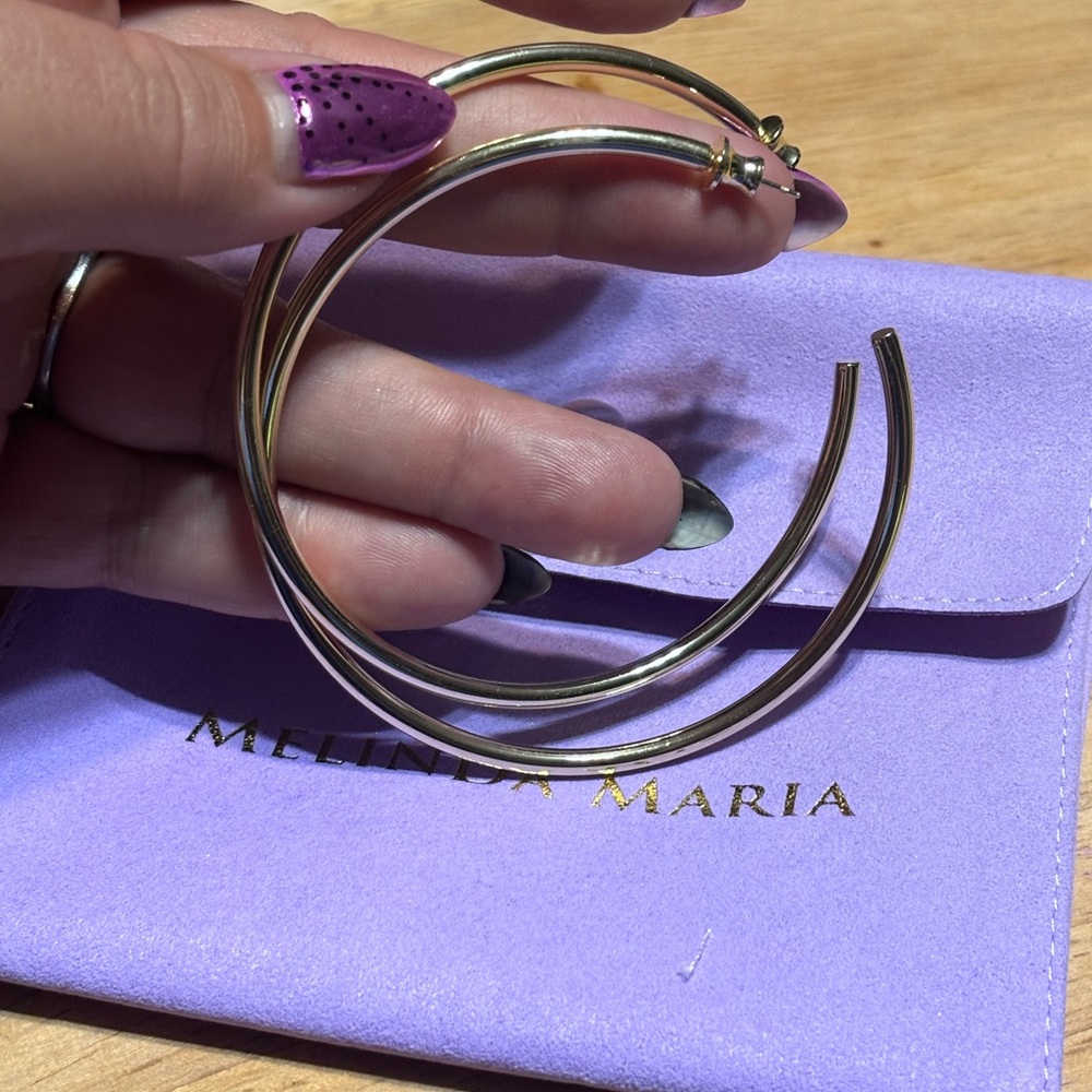 Melinda Maria large gold 3” Hoop Earrings brand new with bag